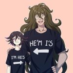  2boys :d alternate_costume arrow_(symbol) black_hair black_shirt brown_eyes cheer_(cheerkitty14) clothes_writing collarbone couple danganronpa_(series) danganronpa_v3:_killing_harmony english_commentary english_text gokuhara_gonta green_hair grin height_difference highres long_hair looking_at_viewer male_focus messy_hair multicolored_hair multiple_boys open_mouth ouma_kokichi pink_eyes pink_hair round_eyewear shiny shiny_hair shirt short_sleeves smile t-shirt two-tone_hair upper_body upper_teeth yaoi 