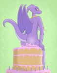 anthro anus breasts butt cake candle dessert dragon female food genitals hi_res looking_at_viewer membrane_(anatomy) membranous_wings purple_body pussy reversal_of_the_heart scalie sharkinwaves simple_background smile solo wings 