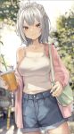  1girl antenna_hair bag bangs blurry blurry_background breasts brown_eyes cup day denim denim_shorts disposable_cup drinking_straw grey_hair highres holding holding_cup isegawa_yasutaka jacket large_breasts nail_polish off_shoulder original outdoors pink_jacket pink_nails shorts smile solo tank_top updo 