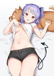  1girl armpit_peek black_shorts breasts crop_top demon_tail fang hand_up lifted_by_self looking_at_viewer lying medium_breasts midriff navel no_bra on_back one_side_up open_mouth original purple_hair red_eyes sekiya_asami shirt shirt_lift short_hair short_shorts short_sleeves shorts smile solo stomach tail thighs underboob white_shirt 