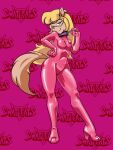  anthro bastianmage bedroom_eyes blonde_hair callie_briggs clothing collar domestic_cat eyewear felid feline felis female glasses hair hanna-barbera hi_res high_heels logo mammal narrowed_eyes pink_clothing rubber rubber_suit seductive solo swat_kats tugging_collar 