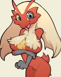  2021 anthro avian blaziken blue_eyes breasts crossed_arms crotch_tuft female happy hi_res itsunknownanon looking_at_viewer nintendo nude open_mouth open_smile pok&eacute;mon pok&eacute;mon_(species) portrait red_body smile solo three-quarter_portrait tuft video_games yellow_sclera 