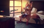  2021 absurd_res anthro brown_body brown_fur canid canine canis clothed clothing duo english_text eyewear fox fur gaming glasses hi_res inside male mammal notched_ear pillow playing_videogame pointedfox pointedfox_(character) sitting sitting_on_bed text tongue tongue_out whiskers wolf 