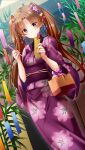  1girl blush brown_eyes brown_hair closed_mouth doukyuusei_another_world dutch_angle eyebrows_visible_through_hair floating_hair floral_print flower game_cg hair_flower hair_ornament hairpin holding holding_pen japanese_clothes kakyuusei kanou_ryouko kimono long_hair official_art pen print_kimono purple_flower purple_kimono shiny shiny_hair smile solo standing tanabata tanzaku very_long_hair yukata 