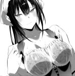  1girl bandana bangs blush bra_through_clothes breasts cleavage collarbone corset dutch_angle floral_print greyscale haitekudasai_takamine-san hiiragi_yuuichi large_breasts light_frown long_hair looking_at_viewer monochrome parted_lips see-through simple_background sweat takamine_takane underbust upper_body 
