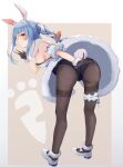  1girl animal_ear_fluff animal_ears arm_cuffs ass bangs bare_shoulders bent_over black_gloves black_legwear blue_hairband braid breasts brown_background bunny_ears bunny_tail carrot carrot_hair_ornament carrot_print don-chan_(usada_pekora) food_print food_themed_hair_ornament fur-trimmed_gloves fur_trim gloves hair_ornament hairband highres hikimayu hololive hololive_fantasy index_finger_raised looking_at_viewer looking_back multicolored_hair outside_border pantyhose rabbit_girl red_eyes sakaki_(sakayu123) shoes short_eyebrows sideboob sidelocks solo strapless_coat tail thick_eyebrows thigh_gap thigh_strap twin_braids two-tone_hair usada_pekora v virtual_youtuber white_footwear white_hair 