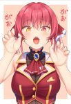  1girl bangs blush breasts h3po4_chiba hair_ribbon heterochromia highres hololive houshou_marine large_breasts long_hair looking_at_viewer red_eyes red_hair ribbon smile solo twintails virtual_youtuber yellow_eyes 