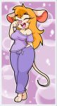 anthro barefoot blonde_hair blush breasts chip_&#039;n_dale_rescue_rangers cleavage clothed clothing disney eyes_closed feet female gadget_hackwrench hair hand_behind_back hi_res loose_shirt mammal messy_hair mouse murid murine open_mouth pajamas rodent simple_background solo thick_thighs thisnameistaken waking_up wide_hips yawn 