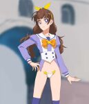  1girl amanogawa_kirara brown_hair go!_princess_precure hairband highres long_hair looking_at_viewer maebari nadeara_bukichi precure purple_eyes solo star_(symbol) thighhighs 