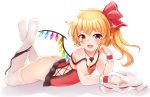  1girl arm_support ass bangs bare_arms bare_shoulders black_panties blonde_hair blush bushi_(1622035441) camisole collarbone crystal eyebrows_visible_through_hair fang flandre_scarlet full_body hair_ribbon hand_up hat hat_removed headwear_removed highres jewelry long_hair looking_at_viewer lying mob_cap necklace no_pants no_shoes on_stomach one_side_up open_mouth panties panties_around_leg pointy_ears red_eyes red_ribbon ribbon simple_background smile solo spaghetti_strap strap_slip the_pose thighhighs touhou underwear white_background white_hat white_legwear wings wrist_cuffs 
