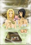  2girls alcohol black_hair blonde_hair breasts cleavage grayscaled highres multiple_girls naruto onsen sake shizune shizune_(naruto) sushi topless tsunade 