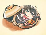  1girl ahoge black_hair black_serafuku blue_eyes braid chibi collar drooling food fruit hair_flaps hair_ornament hair_over_shoulder in_container in_pot kantai_collection koppa_mijinko_(series2023) lid long_hair lying mandarin_orange pleated_skirt pot remodel_(kantai_collection) school_uniform serafuku shigure_(kantai_collection) single_braid skirt solo 