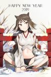  1girl 2019 :3 animal_ears bangs bare_shoulders bare_tree barefoot black_panties blush breasts brown_eyes brown_nails cat_ears cat_girl closed_mouth commentary_request crop_top day detached_sleeves fence fingernails flipped_hair freckles full_body happy_new_year head_tilt highres indian_style long_hair long_sleeves looking_at_viewer medium_breasts nail_polish navel new_year on_ground original outdoors panties pussy shibainu short_eyebrows sitting smile snow snow_sculpture snowing solo spread_pussy stomach straight_hair thick_eyebrows toenail_polish toenails tree underwear very_long_hair winter 