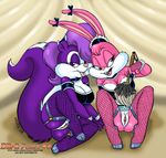  anthro babs_bunny bow brush clothing duo feather_duster female fifi_la_fume fifi_le_fume french_maid lagomorph looking_at_viewer lying maid maid_uniform mammal piercing purple_eyes pussy rabbit skunk tiny_toon_adventures tiny_toons tongue tongue_piercing uniform vkyrie warner_brothers 