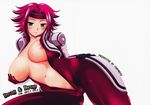  areola_slip areolae blush bodysuit breasts cameltoe code_geass cover cover_page curvy doujinshi green_eyes highres huge_breasts kallen_stadtfeld lying navel no_bra non-web_source on_side open_clothes open_shirt red_bodysuit red_hair shirt short_hair smile solo spiked_hair unzipped yasui_riosuke 