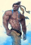 1boy abs alejandro_tio arm_tattoo bara beard black_hair black_male_underwear briefs bulge clothes_pull facial_hair feet_out_of_frame hanzo_(overwatch) highres large_pectorals male_focus male_underwear mature_male muscular muscular_male navel navel_hair nipples open_pants overwatch pants pants_pull pectorals pulled_by_self shirtless short_hair sideburns solo standing stomach stubble tattoo underwear yellow_pants 
