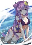  1girl akisome_hatsuka bikini blue_bow bow caustics cloud cloudy_sky commentary_request crescent day double_bun dutch_angle horizon long_hair looking_at_viewer no_hat no_headwear outdoors partially_submerged patchouli_knowledge purple_eyes purple_hair sitting sky smile solo swimsuit touhou v_arms very_long_hair yokozuwari 