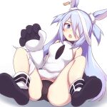  1girl animal_ears arm_up ass bandage_over_one_eye bandages black_panties blue_eyes blue_hair boots bunny_ears caraku ear_tag elbow_gloves gloves highres knees_up leaning_back legs little_witch_nobeta long_hair monica_(little_witch_nobeta) open_mouth panties sitting solo tabard tabard_lift thighs two_side_up underwear white_footwear white_gloves white_tabard 