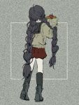  1girl alternate_costume bag black_hair black_legwear brown_sweater danganronpa_(series) danganronpa_v3:_killing_harmony from_behind full_body grey_background hair_ornament hair_scrunchie harukawa_maki heel_up holding holding_bag kneehighs long_hair low_twintails miniskirt noise paper_bag pleated_skirt red_scrunchie red_skirt sailor_collar scrunchie sema_(vivaviva_02) shoes skirt solo standing sweater twintails very_long_hair 