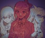  3girls :d :o bangs black_nails blonde_hair blush bow braid buttons collared_shirt danganronpa_(series) danganronpa_2:_goodbye_despair dress_shirt eyebrows_visible_through_hair fang galaga gradient gradient_background hair_bow hair_horns hair_ornament jacket long_hair long_sleeves looking_at_viewer mioda_ibuki multiple_girls nail_polish nanami_chiaki neck_ribbon official_alternate_costume open_mouth pointing ribbon sema_(vivaviva_02) shirt sketch smile sonia_nevermind sweat translation_request upper_body 