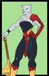  anthro black_clothing black_sclera breasts clothed clothing collarbone f_draws felid female hand_on_hip hi_res holding_mace holding_object holding_weapon invincible_(comics) lion mace mammal melee_weapon pantherine pose red_clothing solo weapon 