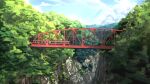  absurdres bridge canyon cloud cloudy_sky commentary_request day forest ground_vehicle highres landscape maju_(white_471glacia) mountain nature no_humans original outdoors plant scenery sky train tree truss_bridge tunnel 
