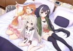  3girls bed black_hair blue_eyes braid breasts capelet cleavage coat dress hair_ornament hairclip hat jewelry karyl_(princess_connect!) karyl_(real)_(princess_connect!) keepvalley kokkoro_(real)_(princess_connect!) large_breasts long_hair looking_at_viewer low_twintails multicolored_hair multiple_girls necklace one_eye_closed open_mouth orange_hair pecorine_(real)_(princess_connect!) pillow princess_connect! princess_connect!_re:dive purple_eyes shirt silver_hair streaked_hair thighhighs twintails very_long_hair white_hair 