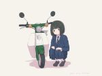  1girl artist_name black_hair bob_cut ground_vehicle honda_super_cub jacket koguma_(super_cub) loafers long_skirt motor_vehicle motorcycle necktie ri_sakuhin school_uniform shoes skirt squatting super_cub 