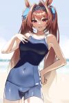  1girl absurdres animal_ears bangs bare_shoulders beach blue_sky blue_swimsuit blush breasts brown_hair collarbone covered_navel daiwa_scarlet_(umamusume) fang hair_intakes highres horse_ears horse_girl horse_tail kurokin large_breasts long_hair looking_at_viewer one-piece_swimsuit open_mouth red_eyes sky smile swimsuit tail thighs tiara twintails umamusume very_long_hair 