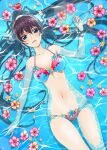  1girl absurdres artist_request bikini black_hair blue_bikini blue_eyes flower hair_ribbon hibiscus high_ponytail highres infinite_stratos long_hair looking_at_viewer lying official_art partially_submerged ponytail ribbon shinonono_houki solo split_ponytail swimsuit third-party_source two-tone_bikini water 