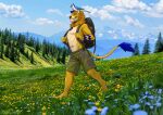  2021 5_fingers anthro avian bird blue_jay corvid day detailed_background digital_media_(artwork) duo felid feral fingers grass jay_(bird) kero_tzuki lion male mammal nature navel new_world_jay oscine outside pantherine passerine plant shaded sky smile walking 