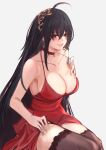  1girl absurdres ahoge azur_lane bangs bare_shoulders black_hair black_legwear breasts cero421 choker cleavage cocktail_dress crossed_bangs dress evening_gown eyebrows_visible_through_hair grey_background hair_between_eyes hair_ornament highres lace-trimmed_legwear lace_trim large_breasts long_dress long_hair looking_at_viewer official_alternate_costume open_mouth pulled_by_self red_choker red_dress red_eyes simple_background sitting sleeveless sleeveless_dress solo strap_pull taihou_(azur_lane) taihou_(forbidden_feast)_(azur_lane) thighhighs upper_teeth very_long_hair 