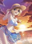  1girl absurdres artist_request blonde_hair breasts charlotte_dunois cloud cowboy_shot front-tie_top gradient_sky hat highres horizon infinite_stratos jewelry leaning_forward long_hair long_legs looking_at_viewer low_ponytail medium_breasts necklace ocean official_art open_mouth outdoors ponytail purple_eyes sarong see-through sky smile solo straw_hat sunset third-party_source 