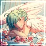  1boy ahoge androgynous angel_wings bangs cheer_(cheerkitty14) commentary earrings feathered_wings flower green_hair highres jewelry jewelry_removed looking_at_viewer lotus lying male_focus necklace necklace_removed on_stomach original pillow pink_flower shiny shiny_hair smile solo teeth white_wings wings 