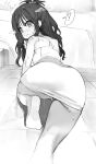  ! 1girl absurdres ass blush covering dorontabi embarrassed eyebrows_visible_through_hair foot_out_of_frame from_behind highres long_hair looking_back monochrome naked_towel nose_blush nude_cover one_knee solo spoken_exclamation_mark tiles to_love-ru topknot towel wet yuuki_mikan 