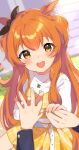  1girl animal_ears belt blurry blurry_background blush casual commentary_request highres holding_hands horse_ears inuyama_nanami jewelry looking_at_viewer mayano_top_gun_(umamusume) necklace open_mouth orange_eyes orange_hair pov pov_hands solo_focus umamusume 