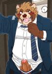  2020 anthro belly blood blush bodily_fluids brown_body brown_fur canid canine clothing edit erection fur genital_fluids genitals hi_res kemono male mammal necktie nosebleed overweight overweight_anthro overweight_male penis precum raccoon_dog ryuta-h shirt solo tanuki topwear uncensored underwear undressing 