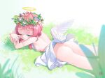  1girl aqua_eyes ass bottomless flower grass hair_flower hair_ornament halo highres kaede_(shijie_heping) lying on_stomach original pink_hair signature sleepy solo wings 