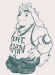  anthro belly biceps canid canine canis clothing domestic_dog english_text eyebrows floppy_ears hi_res hisaki_(live-a-hero) jewelry live-a-hero ljhal2 male mammal musclegut necklace shirt simple_background sketch solo tank_top tattoo text thick_eyebrows topwear 