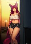  absurd_res anthro bedroom big_breasts bottomwear breasts camisole clothing female hi_res humanoid midriff orange_eyes pgm300 shorts smile solo wide_hips 