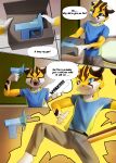  anthro blue_eyes claws comic curious english_text felid fur hi_res male mammal open_mouth solo steel_cat suprised_eyes suprised_look text url yellow_body yellow_fur 