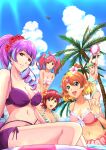  5girls ball beachball bikini bikini_skirt blue_eyes blue_hair breasts cleavage drill_hair flower freyja_wion green_bikini green_eyes green_hair hair_flower hair_ornament halter_top halterneck head_tilt heart heart_hair_ornament highres holding holding_ball kaname_buccaneer long_hair macross macross_delta macross_elysion makina_nakajima medium_breasts mikumo_guynemer minato_ichi multicolored_hair multiple_girls navel open_mouth orange_hair pink_bikini pink_flower pink_hair ponytail purple_bikini purple_eyes purple_hair red_hair reina_prowler short_hair short_sidetail smile space_craft streaked_hair striped striped_bikini summer swimsuit tied_hair twintails walkure_(macross_delta) waving 