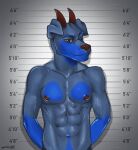  anthro arrest arrested biped bound canid canine canis demon digital_media_(artwork) dobermann domestic_dog ember_nifflehiem english_text facial_piercing front_view fur handcuffed handcuffs horn looking_at_viewer male mammal mugshot muscular muscular_anthro muscular_male nipple_piercing nipples nose_piercing piercing pinscher prison shackles shirtless smile smirk solo standing sweetchillicracker text 