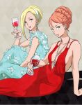  2girls aida_rayhunton blonde_hair breasts cleavage closed_mouth cup dress drinking_glass earrings green_eyes gundam gundam_g_no_reconguista jewelry kei-co lipstick long_hair looking_at_viewer makeup multiple_girls red_dress smile wine_glass 