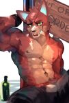  alcohol anthro beverage bottle canid canine clothed clothing eye_patch eyewear five_nights_at_freddy&#039;s fox foxy_(fnaf) fur hand_behind_head hemuchang hi_res looking_at_viewer male mammal muscular muscular_anthro muscular_male nipples open_mouth pecs red_body red_fur sign solo teeth topless video_games yellow_eyes 