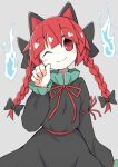  1girl ;3 animal_ears asameshi bangs black_bow black_dress blush_stickers bow braid cat_ears dress grey_background hair_bow hand_up hitodama kaenbyou_rin long_hair long_sleeves looking_at_viewer one_eye_closed red_eyes red_hair simple_background smile solo touhou twin_braids 