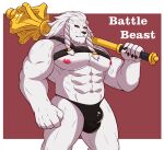  5_fingers abs anthro battle_beast biceps big_muscles black_claws black_nose black_sclera black_speedo bulge claws clothed clothing dreadlocks english_text felid finger_claws fingers fur hair hanzo_matsumoto holding_mace invincible_(comics) lion long_hair mace male mammal melee_weapon muscular muscular_anthro muscular_male nipples pantherine partially_clothed pecs red_eyes solo speedo swimwear text thokk_(invincible) vein weapon weapon_on_shoulder white_body white_fur yellow_eyes 