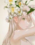  1girl arms_up bare_shoulders beige_background blonde_hair blush breasts cleavage flower hands_up highres holding holding_flower long_hair looking_at_viewer orchid original parted_lips simple_background solo tank_top tokkyu white_flower white_tank_top yellow_eyes 
