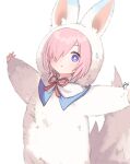  animal_costume animal_ears animal_hood azu_(kirara310) blue_eyes fake_animal_ears fate/grand_order fate_(series) fou_(fate) hair_over_one_eye highres hood hood_up mash_kyrielight neck_ribbon outstretched_arms pink_hair red_ribbon ribbon signature spread_arms 