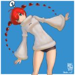  1girl ? ahoge android bangs black_shorts blue_background blue_eyes border bright_pupils dated detached_hair hair_between_eyes head_tilt heart highres hood hood_down hoodie ikeda_(cpt) long_sleeves outstretched_arms persona persona_5 persona_5_scramble:_the_phantom_strikers red_hair shiny shiny_hair short_shorts shorts simple_background sophia_(p5s) twintails watermark white_border white_hoodie white_pupils wide_sleeves 